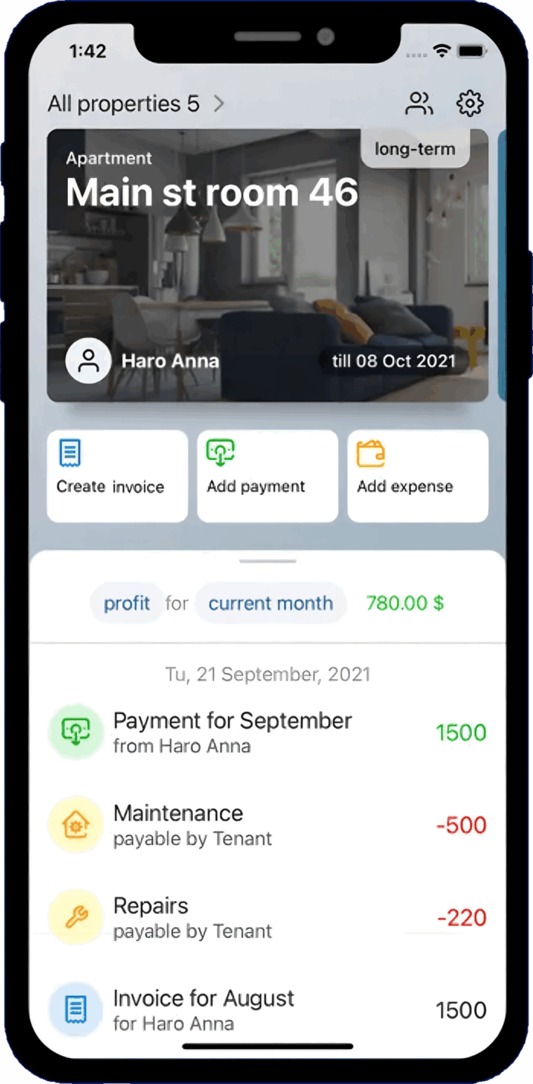 GetRent dashboard showing rent and expense tracking with monthly profit