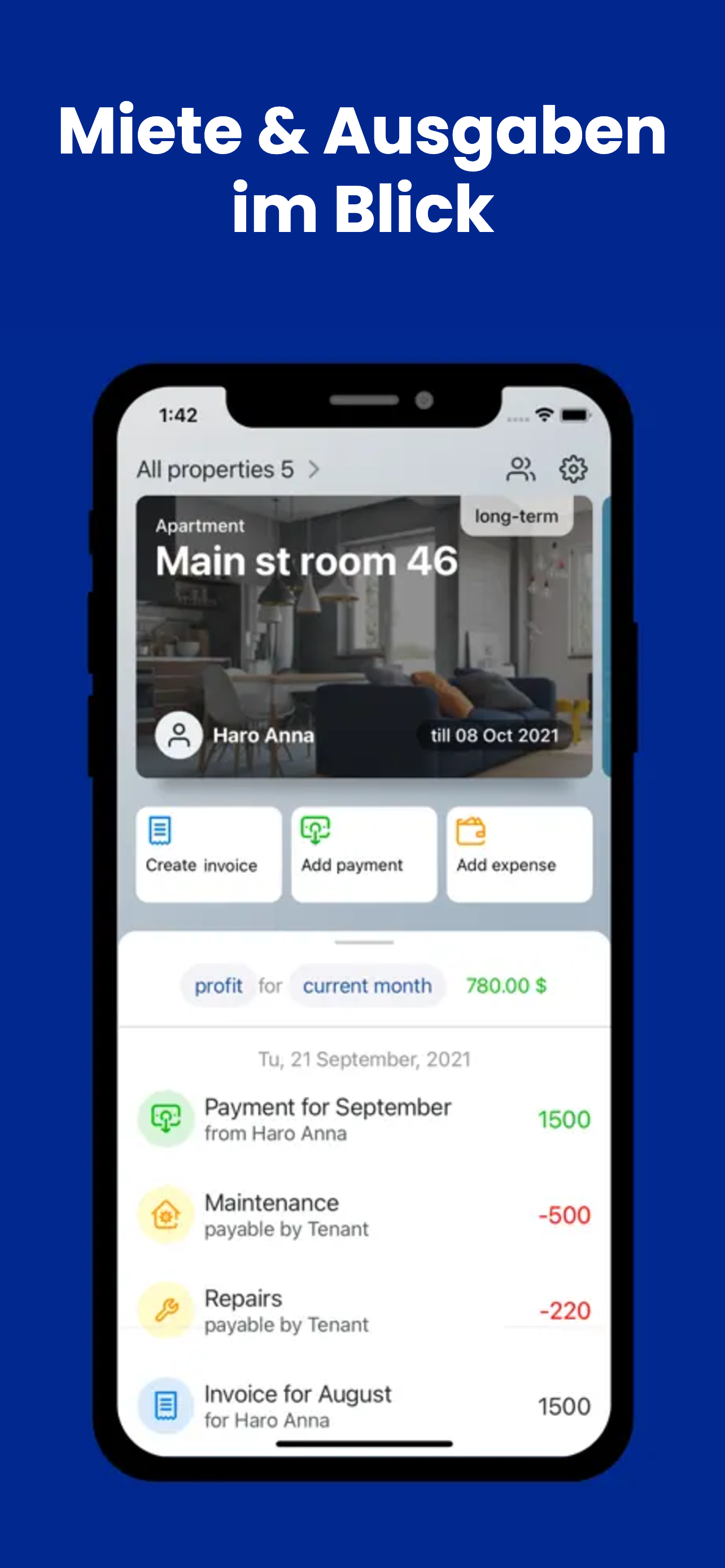 Dashboard zur Erfassung von Mieteinnahmen und Ausgaben in GetRent