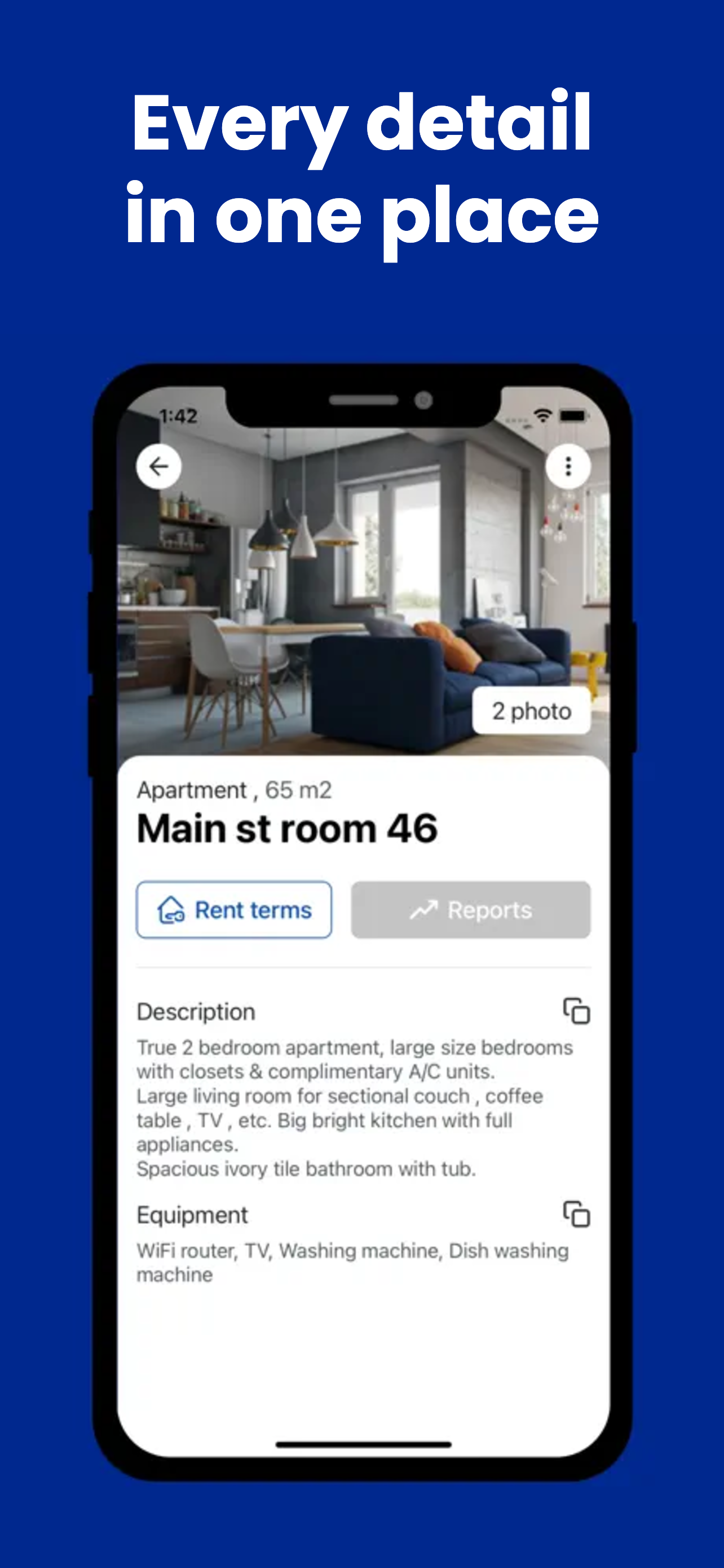 Property details screen with photos and equipment