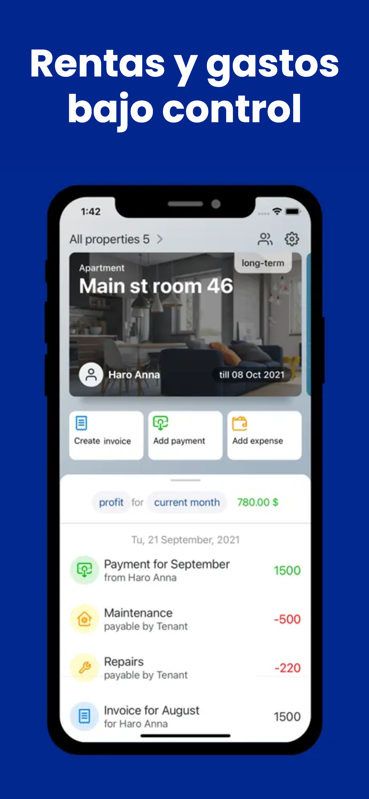 Panel de control de ingresos y gastos de alquiler en GetRent