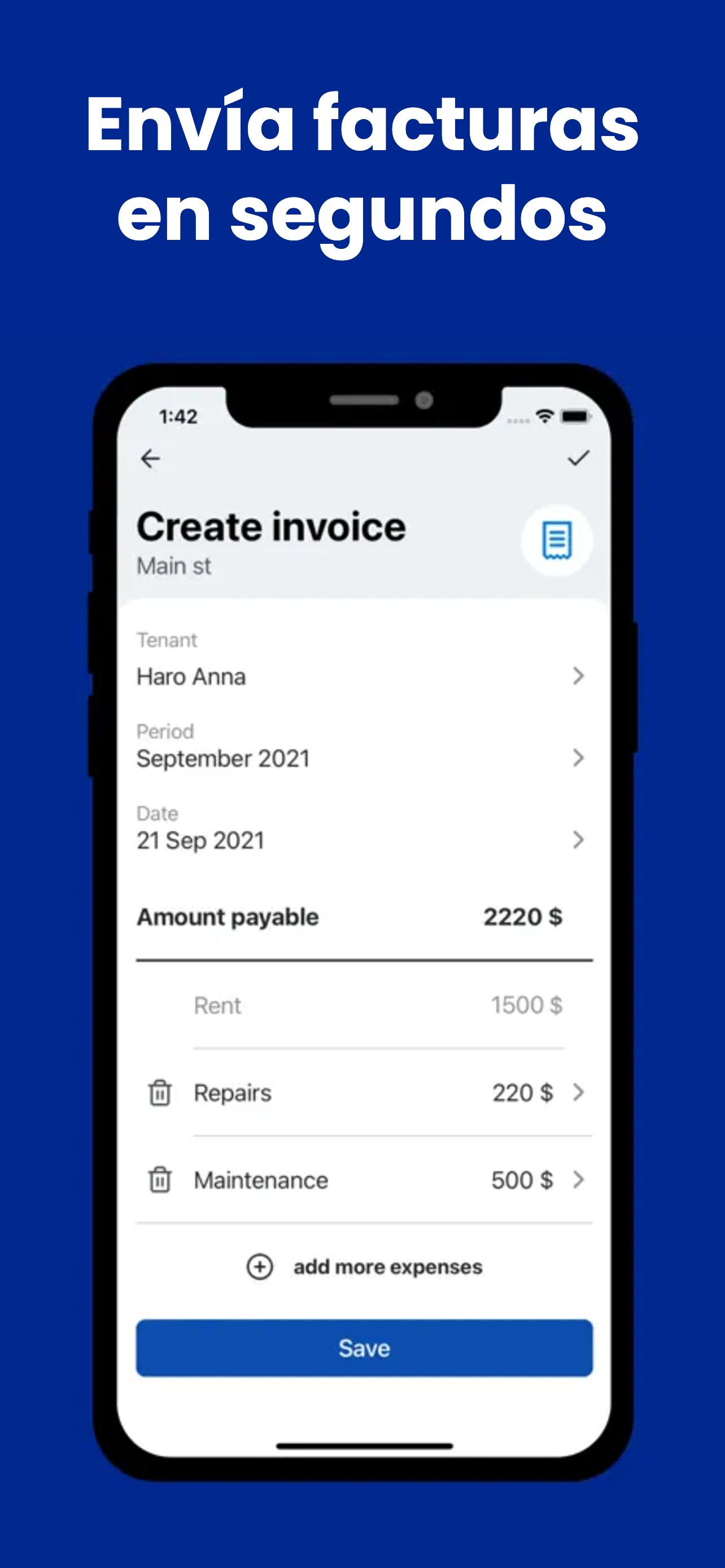 Pantalla de creación de factura de alquiler en GetRent
