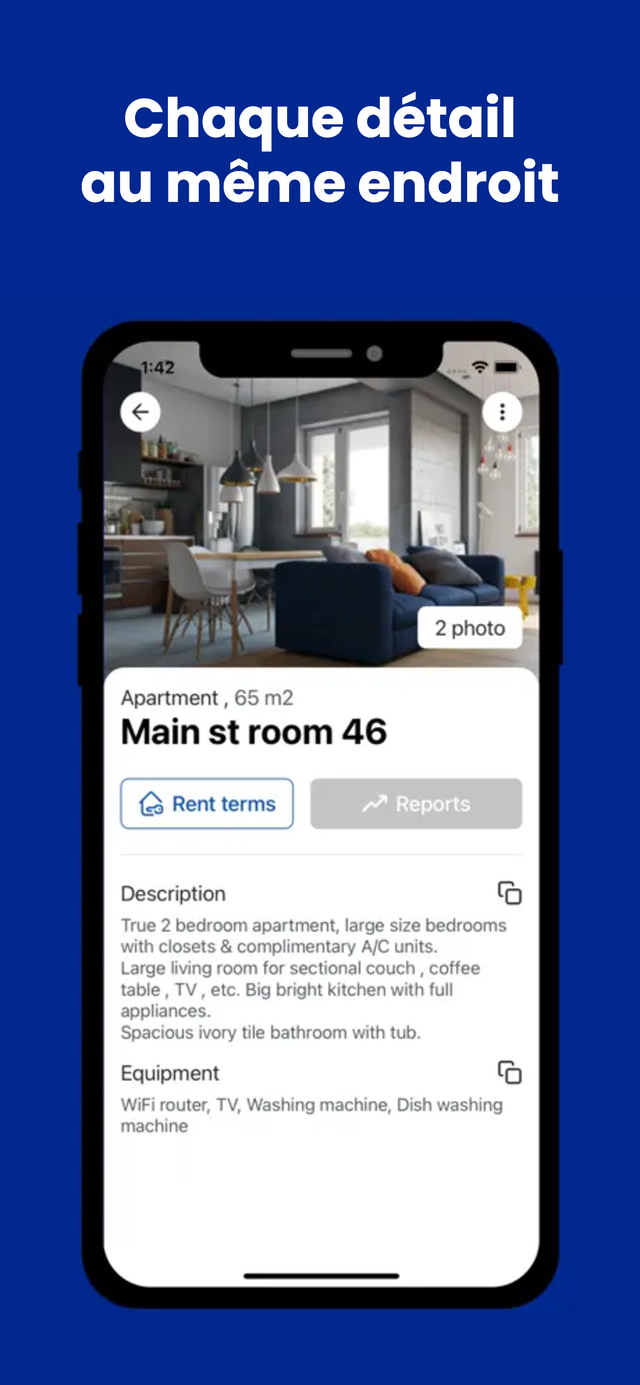 Écran de détails du bien avec photos et équipements