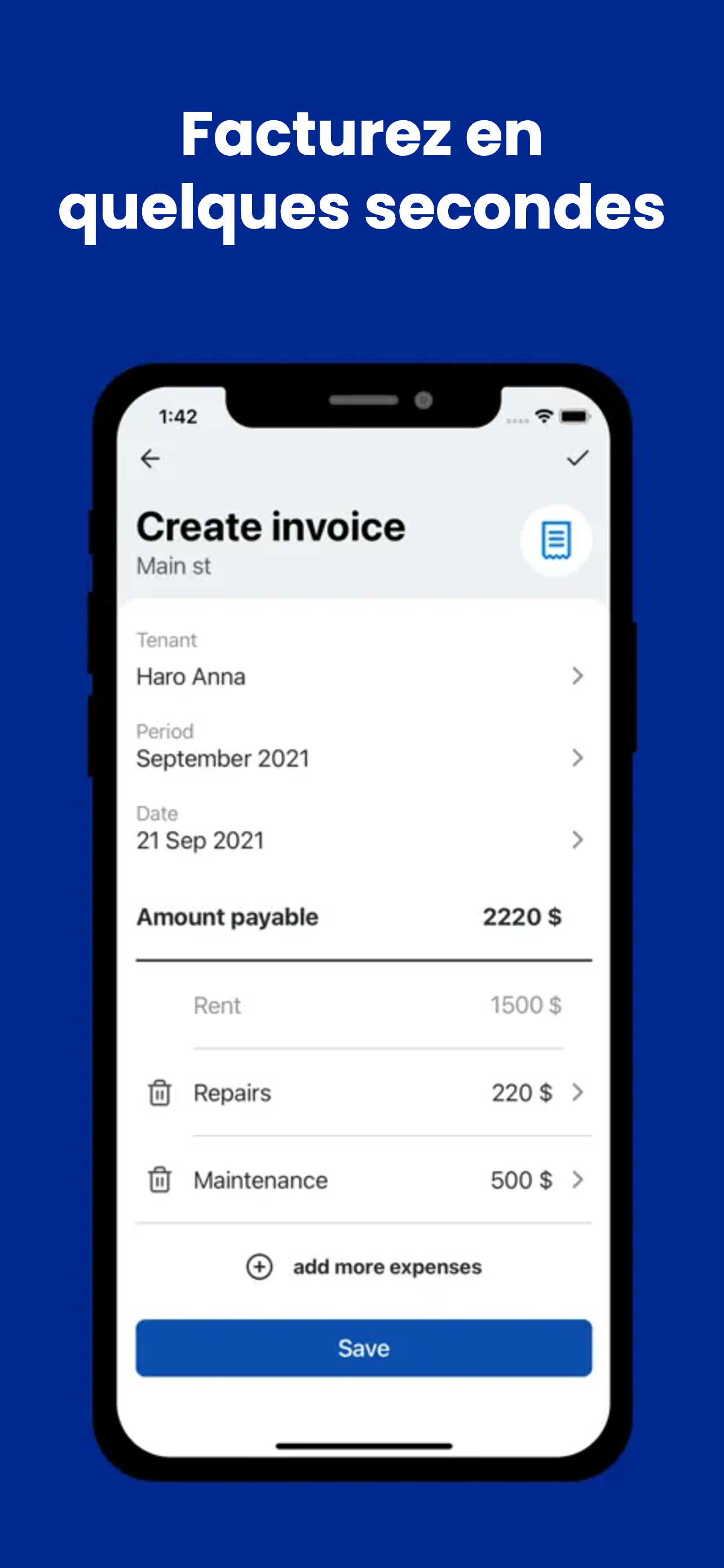 Écran de création de facture de loyer dans GetRent